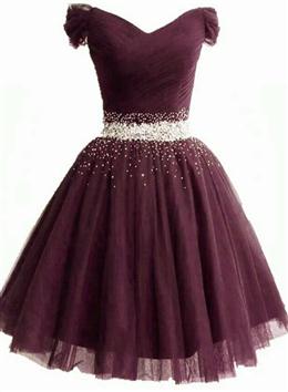 Picture of Maroon Off Shoulder Beaded Tulle Short Prom Dresses Homecoming Dresses, Cute Prom Dress